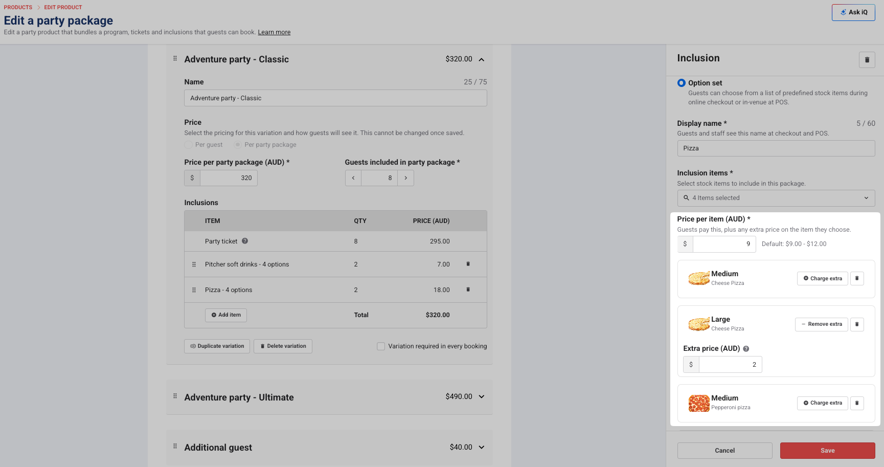 Editing a party package with pricing, inclusions, and guest options displayed clearly.